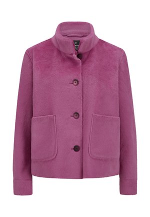 Fuchsia Jacke aus strukturiertem Stoff, mit hohem Kragen, Knopfverschluss und zwei vorderen Taschen.