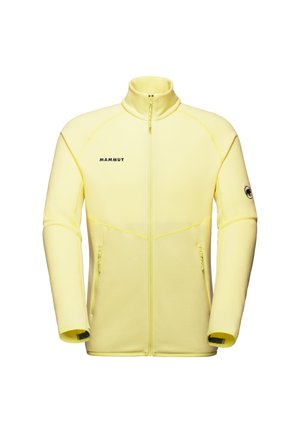 Geel fleece jack met hoge kraag, volle rits, twee ritszakken en versterkte naden. Bevat logo op de borst en de mouw.