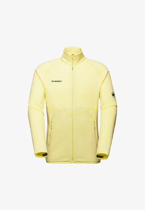 Giacca in fleece gialla con colletto alto, zip completa, due tasche con cerniera e cuciture rinforzate. Presenta il logo sul petto e sulla manica.