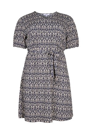 Korte mouwen jurk van een marineblauwe en crèmekleurige stof met patroon, voorzien van een wikkeltie in de taille en een uitlopende rok.