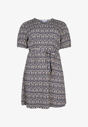 Korte mouwen jurk van een marineblauwe en crèmekleurige stof met patroon, voorzien van een wikkeltie in de taille en een uitlopende rok.