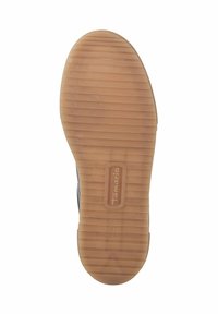 Suola di scarpa in gomma marrone con scanalature orizzontali e un'area toe circolare. Presenta un logo impressa e un indicatore di taglia. Design piatto, texture resistente.