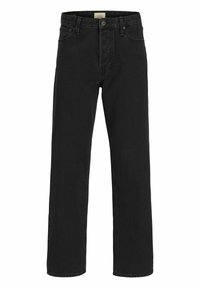 Jean en denim noir à coupe droite avec cinq poches, fermeture par bouton et passants pour ceinture, présenté de face sur un fond blanc.