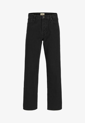 Czarne jeansy o prostych nogawkach z pięcioma kieszeniami, zapięciem na guzik i szlufkami na pasek, pokazane z przodu na białym tle.