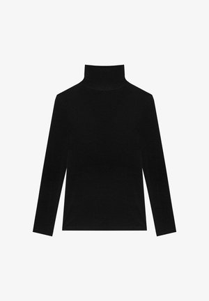 Schwarzes Rollkragenoberteil aus weichem Stoff, mit langen Ärmeln und einer figurbetonten Passform. Keine sichtbaren Muster oder technischen Details.