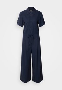 Granatowy kombinezon wykonany z miękkiego materiału, z kołnierzykiem, krótkimi rękawami, guzikami z przodu, związanym w pasie oraz szerokimi nogawkami.