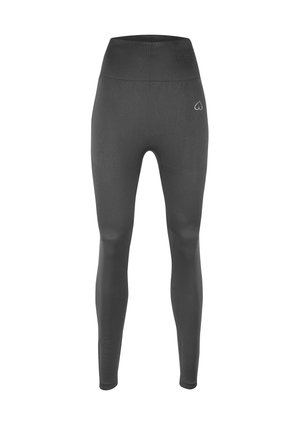Hoch taillierte, körperbetonte dunkelgraue Leggings aus glattem Material, mit strukturierten Einsätzen und einem kleinen Herz-Logo in der Nähe des Bundes.