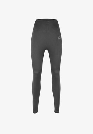 Wysokie legginsy w kolorze ciemnoszarym, dopasowane do sylwetki, wykonane z gładkiego materiału, z teksturowanymi panelami i małym logo serca w pobliżu pasa.