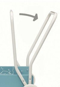 Carro metálico en suave tono verde azulado, con asas curvas blancas. Los detalles notables incluyen remaches y un leve gráfico de animal en el costado.