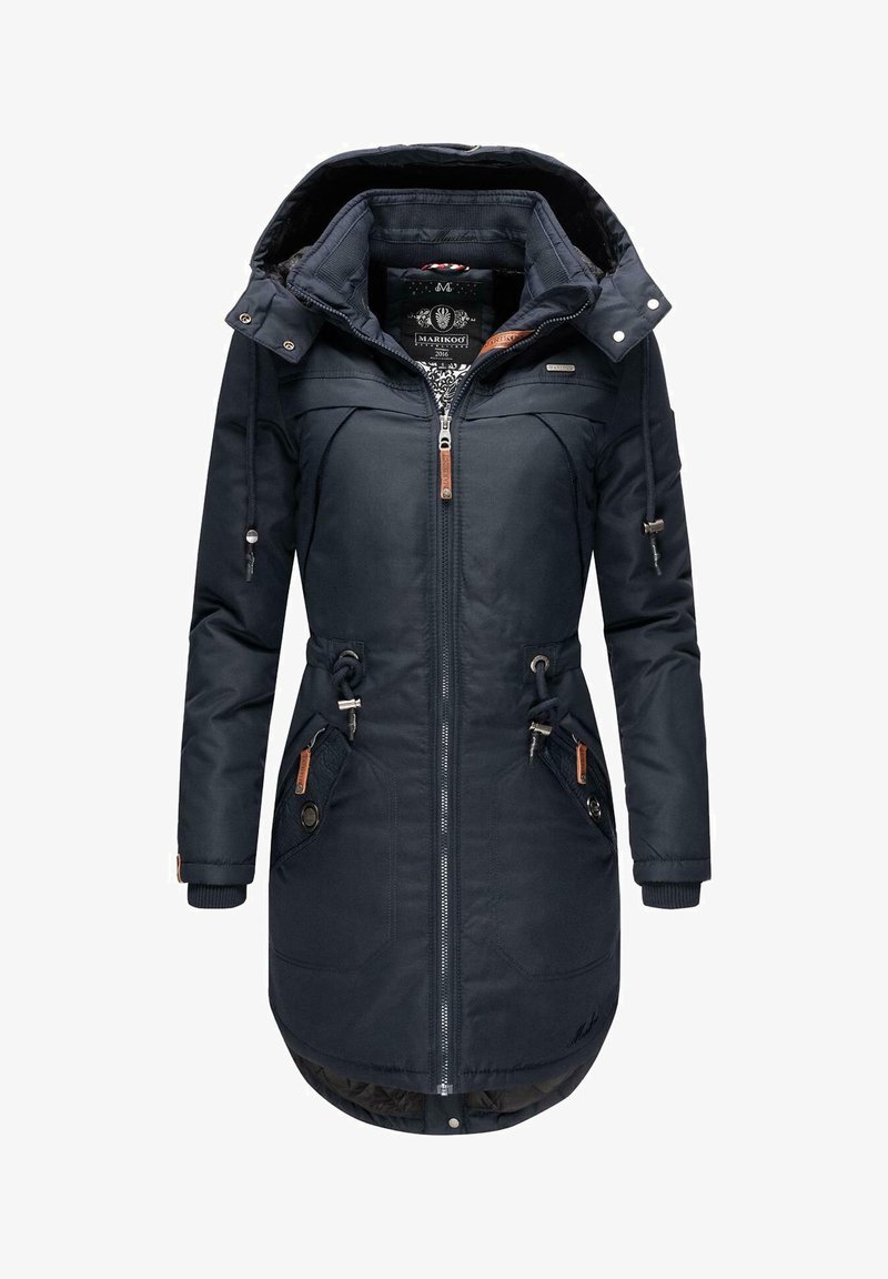 Jachetă de iarnă bleumarin cu glugă, dotată cu două buzunare frontale, talie ajustabilă cu șnur și închidere cu fermoar, având accente din piele.