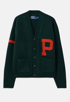 Green knit cardigan with a V-neck, three black buttons, two front pockets, and an orange "P" logo on the left chest and stripe on the sleeve.