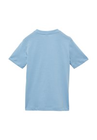 Kurzärmliges, hellblaues T-Shirt aus weicher Baumwolle. Verfügt über einen runden Halsausschnitt und einen geraden Saum mit minimalen Nähdetails.