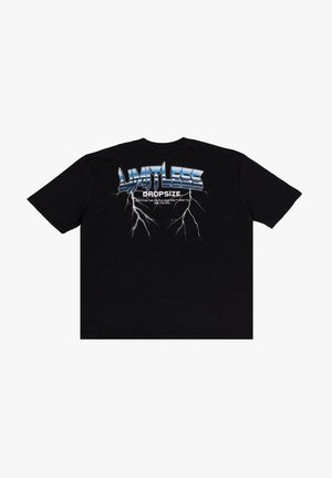 Black cotton t-shirt featuring a large graphic print in blue and white text on the back, with lightning bolt design accents. Short sleeves.