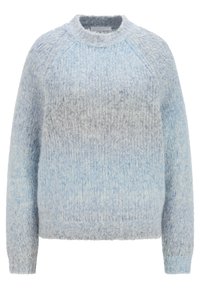 Lichtblauwe trui van zachte, textuurrijke stof met een ronde halslijn en raglanmouwen. Heeft een geleidelijke kleurverloop.
