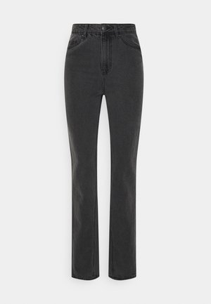 Jeans pretos de cintura alta com um design de perna reta, feitos de tecido de ganga. Apresenta cinco bolsos e detalhes em botão metálico.