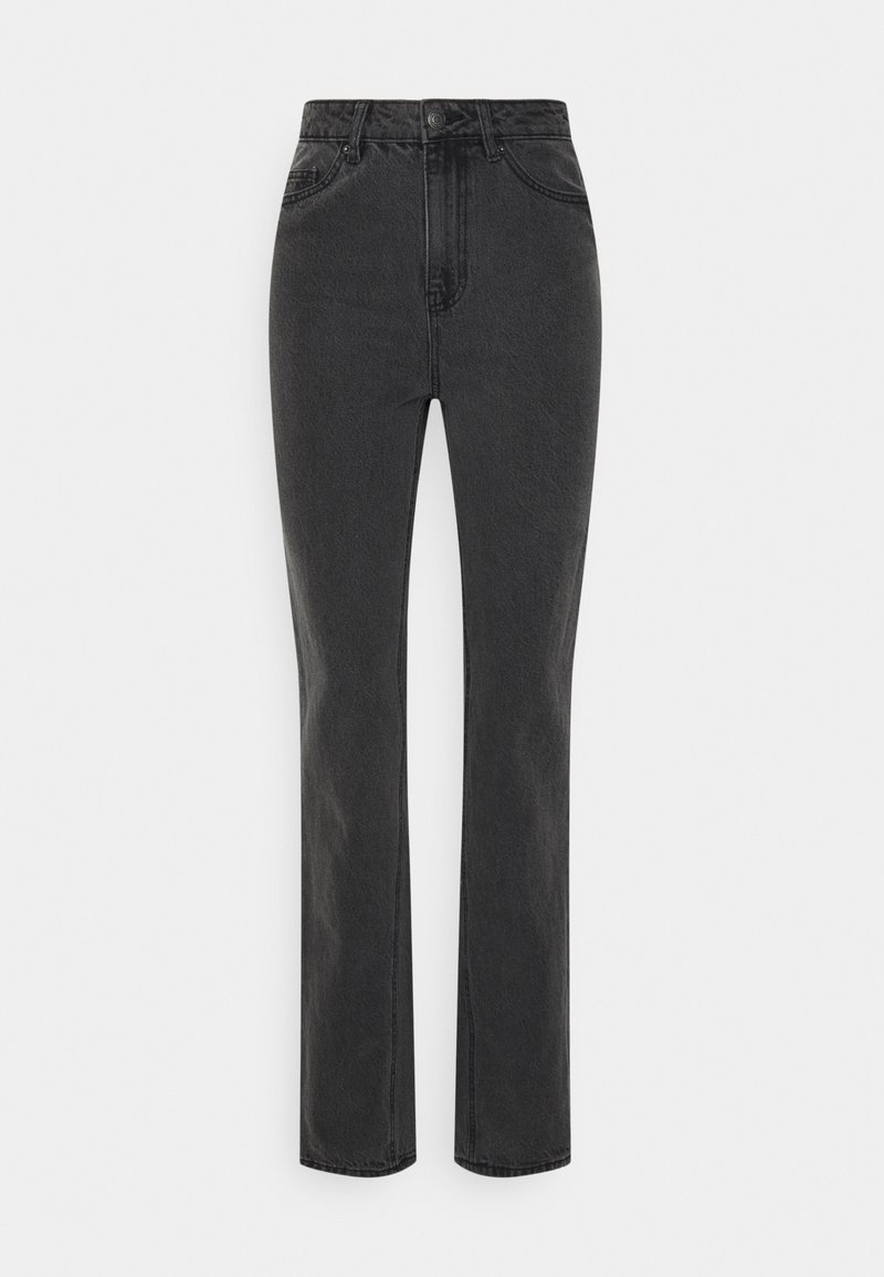 Jeans pretos de cintura alta com um design de perna reta, feitos de tecido de ganga. Apresenta cinco bolsos e detalhes em botão metálico.