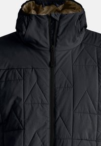 Schwarze gesteppte Jacke mit hohem Kragen, Frontreißverschluss und glatter, matter Textur mit dreieckigen Mustern. Innenfutter in einer kontrastierenden Farbe.