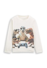 Vit långärmad t-shirt med en grafik av fyra dinosaurier i solglasögon och en blå videospelkontroll i mitten.