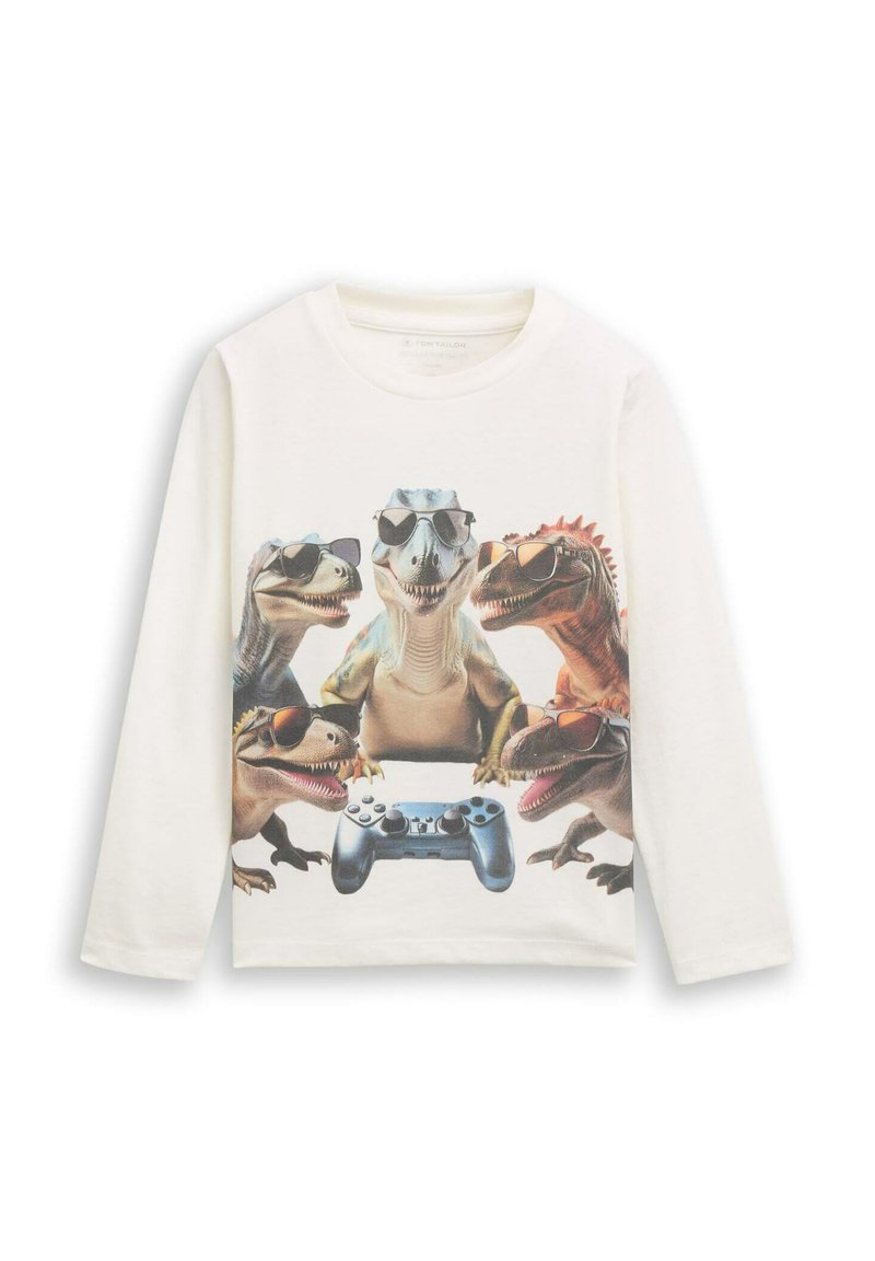 Vit långärmad t-shirt med en grafik av fyra dinosaurier i solglasögon och en blå videospelkontroll i mitten.