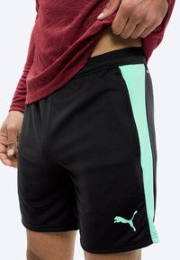 Άτομο σηκώνει μπλουζάκι μπορντό για να δείξει μαύρο αθλητικό σορτς με ρίγα μέντας στο πλάι και το λογότυπο Puma στο μηρό.