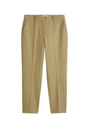 Khaki tailored trousers made from smooth fabric, featuring two side pockets, a zip fly, and belt loops, with a straight leg design.