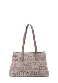 Draagtas van beige stof met grote bruine logo-opdruk. Gladde, gestructureerde vormgeving met twee tan leren handgrepen.