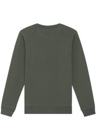 Olijfgroene sweatshirt met lange mouwen, ronde hals en geribbelde manchetten. Zacht materiaal met minimale stikseldetails, achteraanzicht weergegeven.