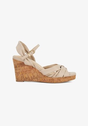 Beige wedge sandals with a cork heel, featuring a twisted leather upper and adjustable ankle strap. Smooth texture with a secure fit.
