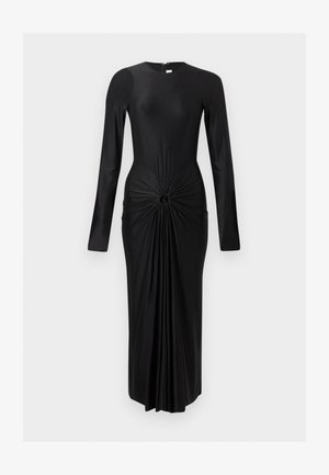 Musta pitkähihaisen midi-mittainen mekko, jossa vyötäröllä kerätty pyöreä yksityiskohta, istuva siluetti, pyöreä pääntie ja vetoketjusulku takana.