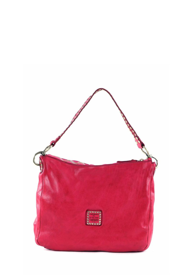 Pink leather shoulder bag with a textured surface, a top zipper, and a decorative square patch featuring metallic studs on the front.