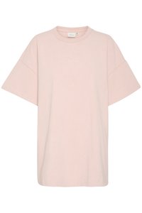 Lys rosa oversized t-skjorte laget av bomull, med korte ermer, rund hals og en subtil logo preget foran.