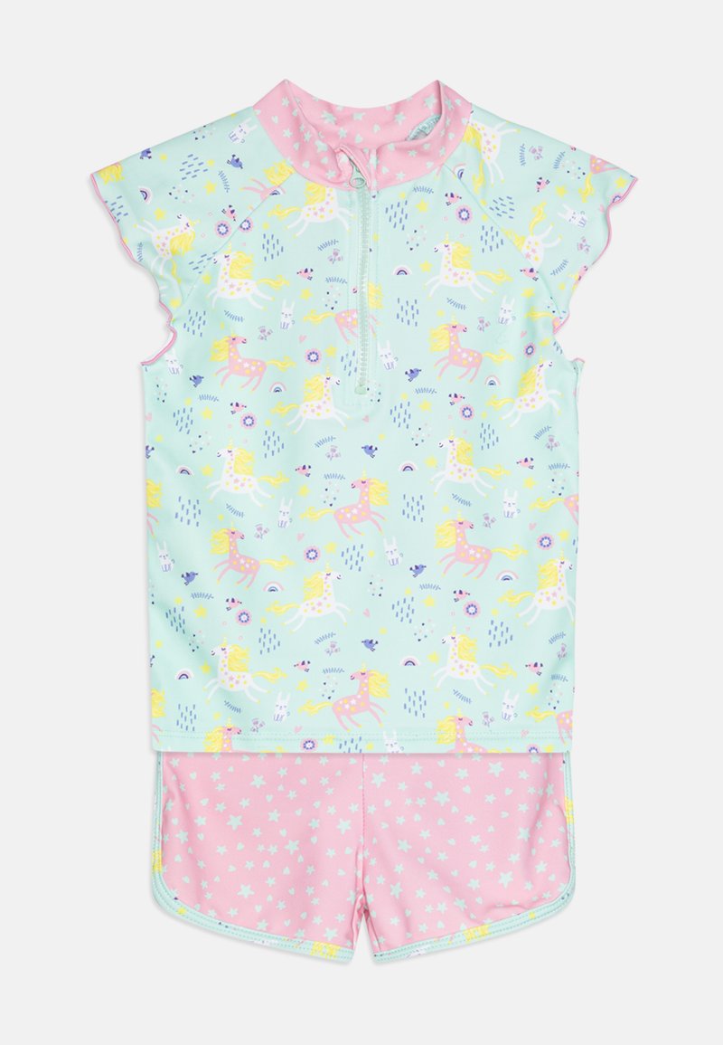 Biquíni de duas peças com um top verde menta com fecho de zíper, mangas curtas e estampa de unicórnio; calções cor-de-rosa com padrão de estrelas brancas.