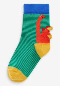 Grün- und blau gestreifte Socke mit einem roten Dinosaurier-Design, einem gelben Zeh und Akzentdetails. Strukturierter Strickstoff für Komfort.