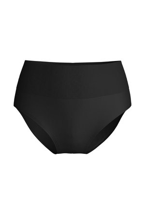 Zwart naadloos ondergoed met hoge taille en een brede elastische tailleband, ontworpen voor comfort en volledige bedekking.