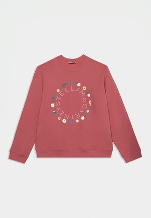 Langärmliges Sweatshirt in staubigem Rosé mit rundem Ausschnitt und einem kreisförmigen Blütendesign rund um weißen Text auf der Vorderseite.