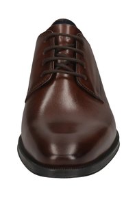 Brauner Lederschuh mit glatter Oberfläche, abgerundeter Zehenpartie und fünf Schnürlöchern. Verfügt über eine schwarze Gummisohle und minimalistische Nahtakzente.