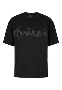 Schwarzes Baumwoll-T-Shirt mit kurzen Ärmeln, Rundhalsausschnitt und einem großen schwarzen Logo, das über die Brust gedruckt ist. Glatte Textur.