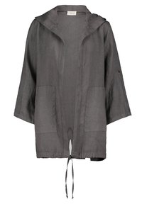 Veste légère en lin gris avec capuche, devant ouvert, deux poches avant et cordon de serrage ajustable à l'ourlet. Coupe ample.