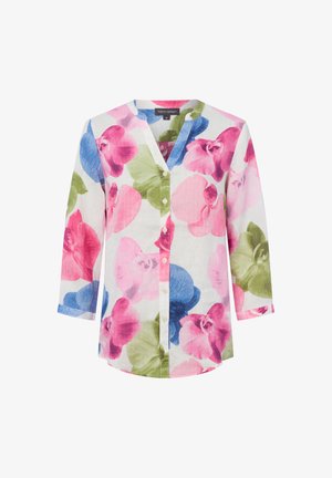 White button-up blouse with three-quarter sleeves, featuring large pink, blue, and green floral print and a collarless V-neck design.