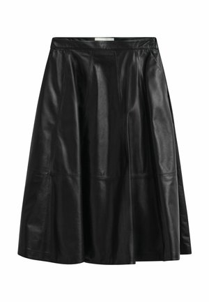 Zwarte knie-lange A-lijn lederen rok met gestikte paneeldetails en zijritssluiting.