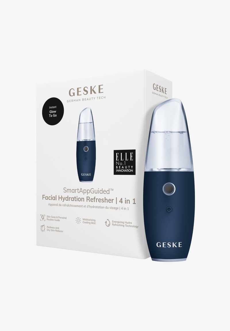 Hydration refresher i marineblå med gennemsigtigt låg. Boksen har smart teknologi og hydrering fordele. Klart branding og produktdetaljer vises.