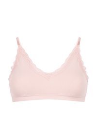 Zachte roze bralette met kantafwerking, geribbelde textuur en verstelbare bandjes. V-halsontwerp en naadloze constructie voor comfort.