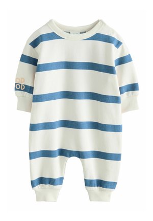 Paski kombinezon z miękkiej bawełny, z naprzemiennymi niebieskimi i białymi paskami, zaokrąglonym dekoltem i elastycznymi mankietami. Na rękawie haft "Good".