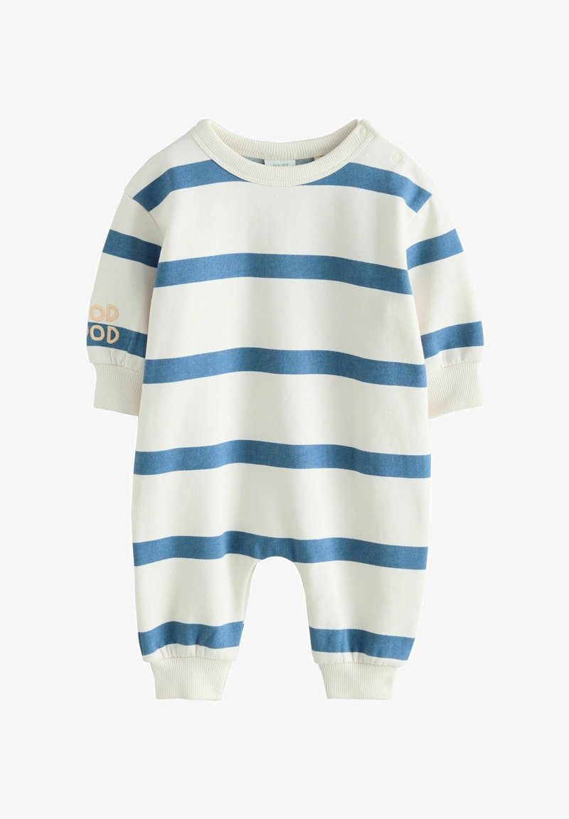 Combinaison rayée en coton doux, avec des rayures bleues et blanches alternées, col arrondi et poignets élastiques. "Good" brodé sur la manche.