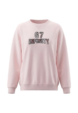 Lyserød sweatshirt med lange ærmer og ribstrikkede manchetter, med mønstret tekst "67 INFINITY" i sort og blomstermotiv på forsiden.