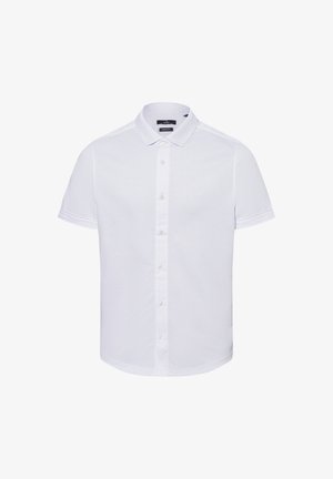 Kurzärmliges weißes Polohemd aus weicher Baumwolle, mit einer durchgehenden Knopfleiste, klassischem Kragen und dezentem Logostick.}}