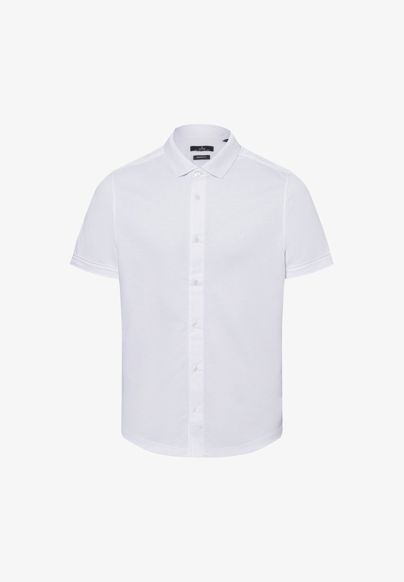 Kurzärmliges weißes Polohemd aus weicher Baumwolle, mit einer durchgehenden Knopfleiste, klassischem Kragen und dezentem Logostick.}}