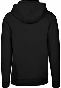 Black hoodie with a drawstring hood, long sleeves, and ribbed cuffs and hem. Simple design with no visible patterns or accents.