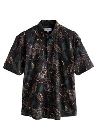 Chemise à manches courtes noire avec des motifs floraux et feuillages colorés. Présente un style à boutons et une coupe décontractée.