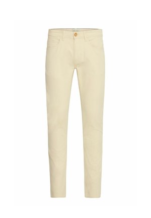 Pantaloni in cotone beige con vestibilità slim, dotati di vita standard, due tasche anteriori e una tasca posteriore, completati con chiusura a bottone.